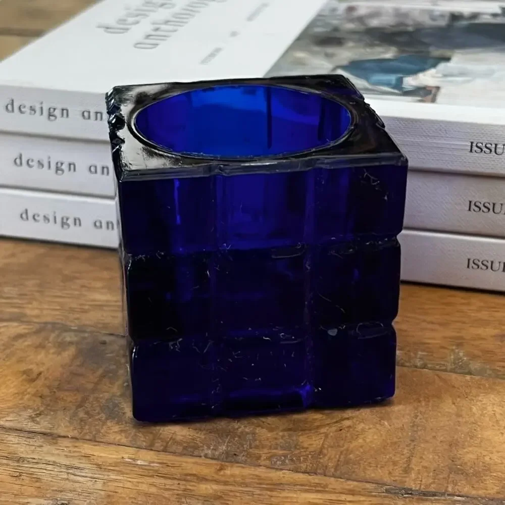 Square Cube Decorative Candle Holder Cobalt Blue MCM